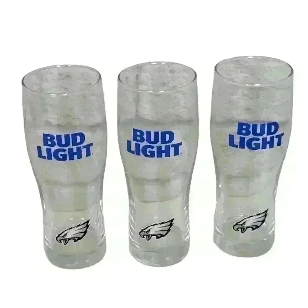 3 VTG Glasses Philadelphia Eagles NFL Bud Light Preimum Larger Style 16 Oz Pint